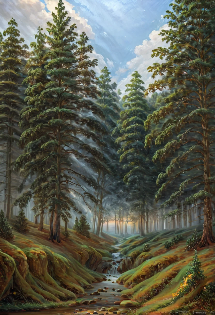 painting of a paisagem florestal with a stream and trees, Direção: Ivan Shishkin, Pintura Ivan Shishkin, Shishkin, Fyodor Vasiliev, por Konstantin Vasilyev, Em uma clareira na floresta, paisagem florestal, estilo de Ivan Shishkin, Isaac Levitanoo, pintura acadêmica russa, Vasnetsov, Levitano