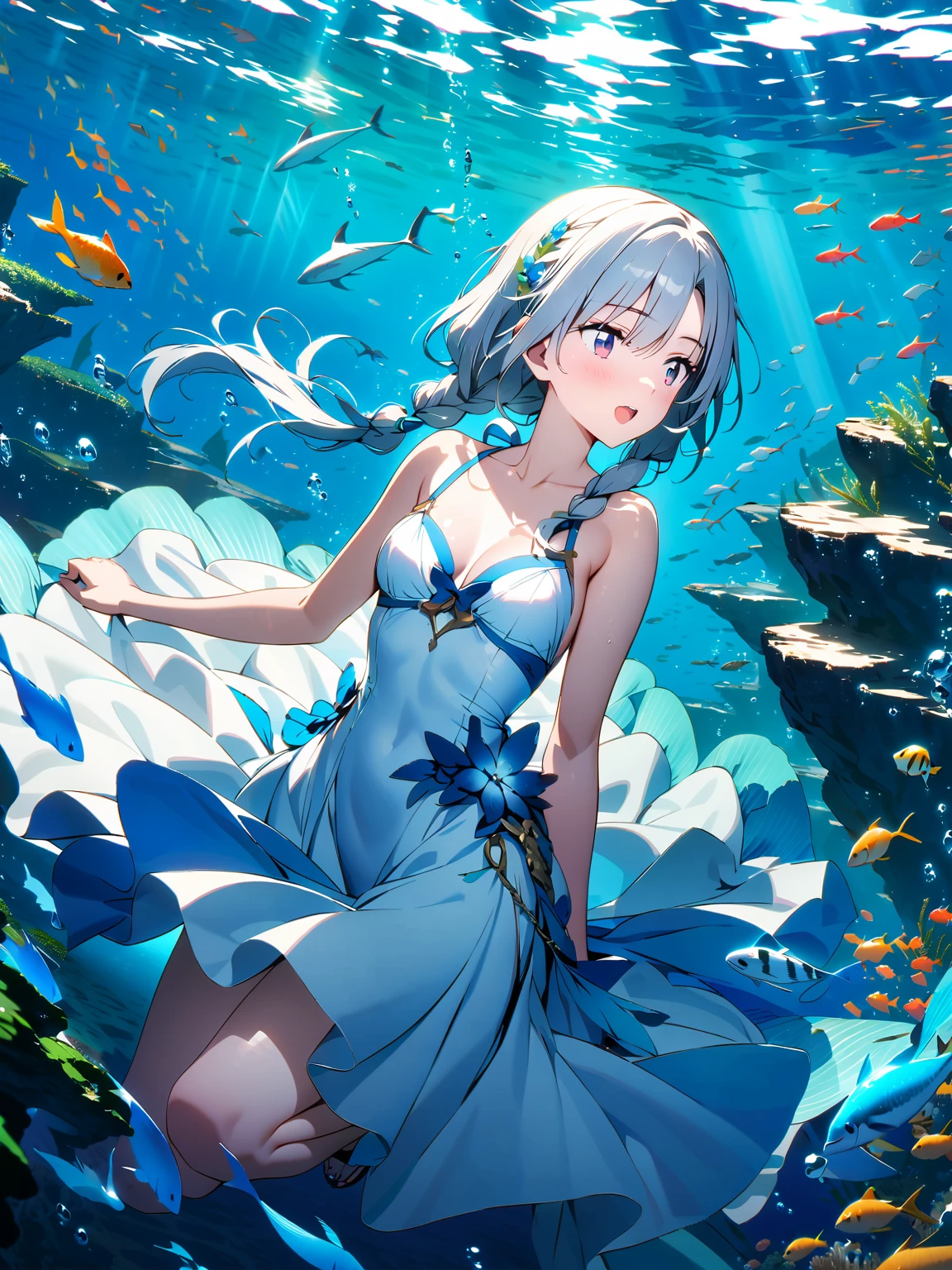  (超detailedなイラスト:1.2),Very delicate and beautiful，非常にdetailed，CG，Unity，8k wallpaper，wonderful，detailed，masterpiece，The best quality in the best condition，Official Art，非常にdetailed CG 8k Unbelievably ridiculous resolution,Beautiful and exquisite,High resolution，非常にdetailedな目と顔,Surrounded by fish,(swim under the sea),Dressed in a white dress, Blue Water,  Goddess of the Sea