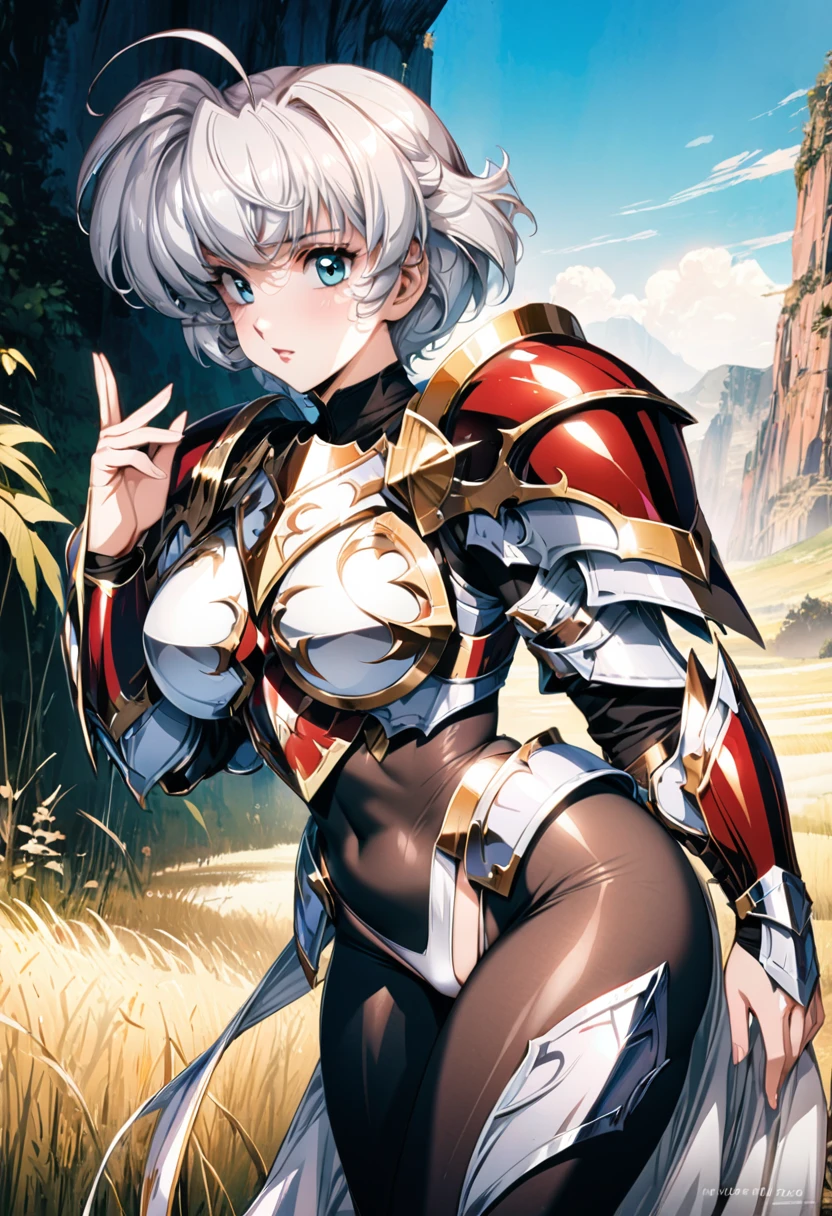 ((highest quality)), ((masterpiece)), ((hyperrealistic)), (detailed background), shoot from behind, anime style, solo, 1girl, langrisser sherry, ((curvy: 1.2)), kawaii, ((fantasy armor: 1.3)), silver short hair, ahoge, (white paladin armor), ((thong leotard)), ((large breasts)), ((arm guard gauntlet)), (breastplate), ((see-through black bodystocking)), (big butt), beautiful aqua eyes, perfect face, Perfect hands, perfect fingers, Blue sky and grassland,