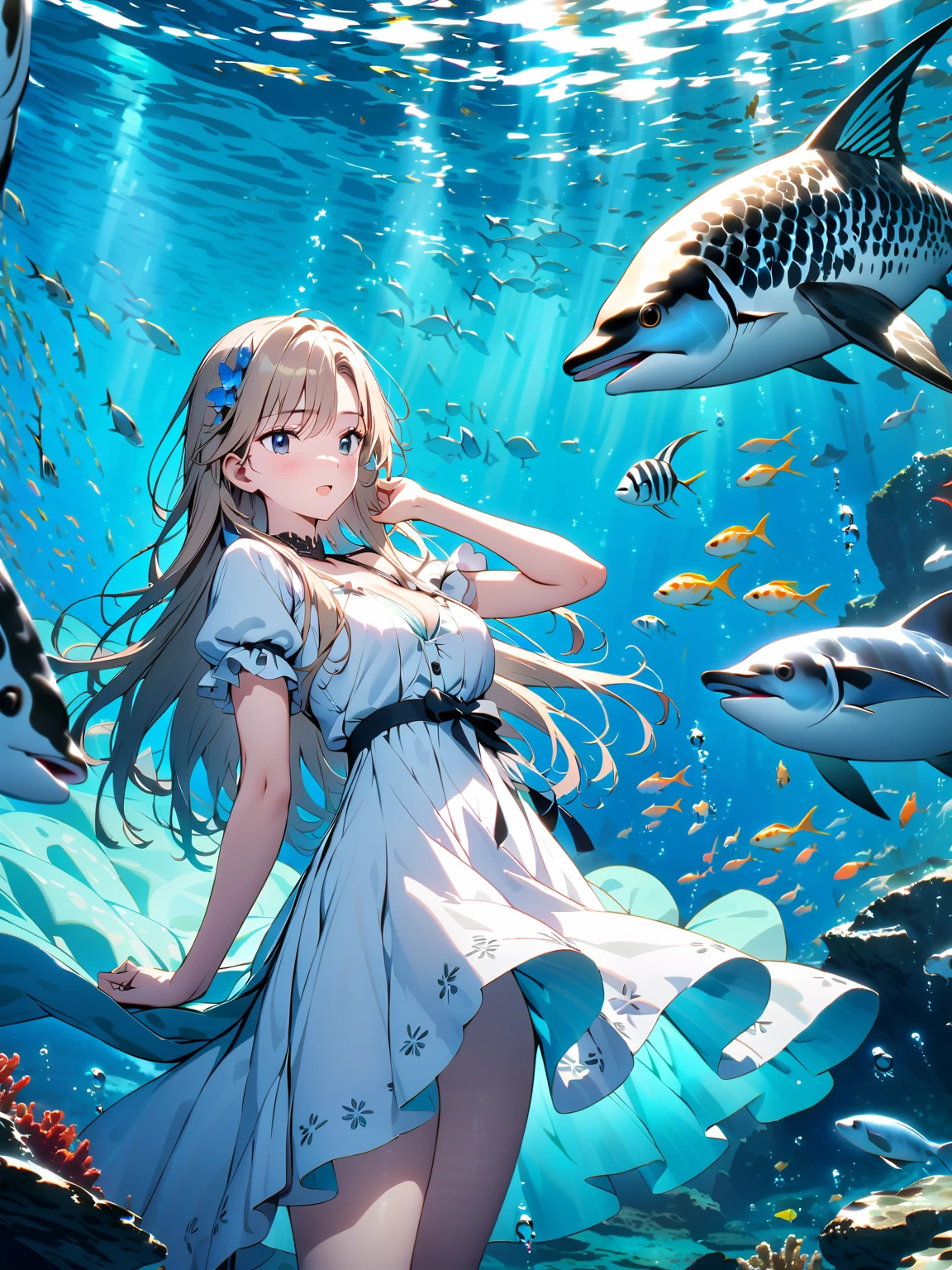  (超detailedなイラスト:1.2),Very delicate and beautiful，非常にdetailed，CG，Unity，8k wallpaper，wonderful，detailed，masterpiece，The best quality in the best condition，Official Art，非常にdetailed CG 8k Unbelievably ridiculous resolution,Beautiful and exquisite,High resolution，非常にdetailedな目と顔,Surrounded by fish,(swim under the sea),Dressed in a white dress, Blue Water,  Goddess of the Sea