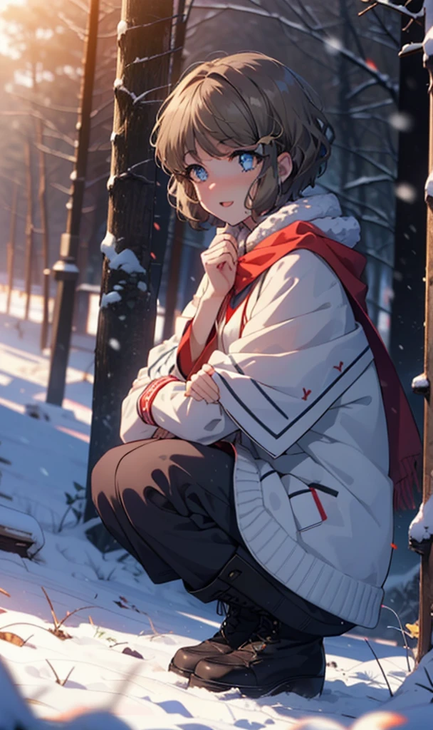 tomoekoga, Chie Koga, short hair, Brown Hair, blue eyes, hair band,smile,blush,White Breath,Medium Chest,
Open your mouth,snow,Ground bonfire, Outdoor, boots, snowing, From the side, wood, suitcase, Cape, Blurred, having meal, forest, White handbag, nature,  Squat, Mouth closed, Cape, winter, Written boundary depth, Black shoes, red Cape break looking at viewer, Upper Body, whole body, break Outdoor, forest, nature, break (masterpiece:1.2), Highest quality, High resolution, unity 8k wallpaper, (shape:0.8), (Beautiful and beautiful eyes:1.6), Highly detailed face, Perfect lighting, Highly detailed CG, (Perfect hands, Perfect Anatomy),