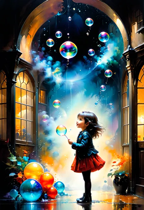 Create a super high-resolution 3D image of a  inflating and playing with huge, iridescent soapy bubbles inside a cozy, well-lit ...