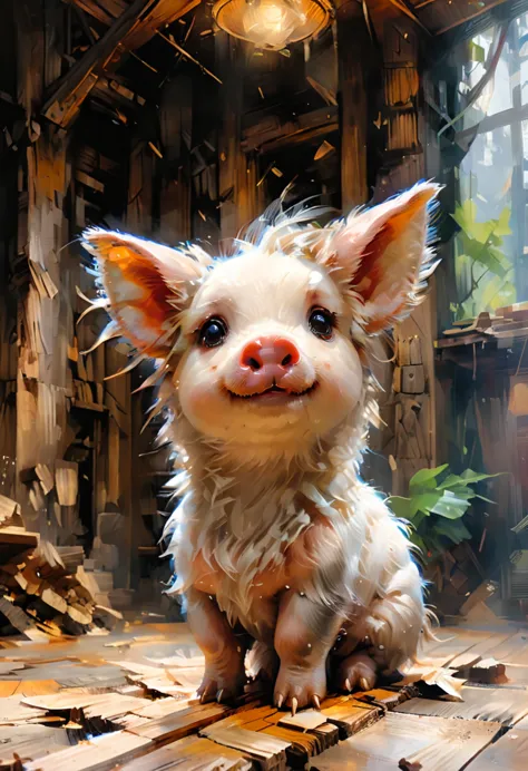 Masterpiece, high quality illustration, high resolution 16k, ultra detailed a small pig sitting on top of a wooden floor, trend ...