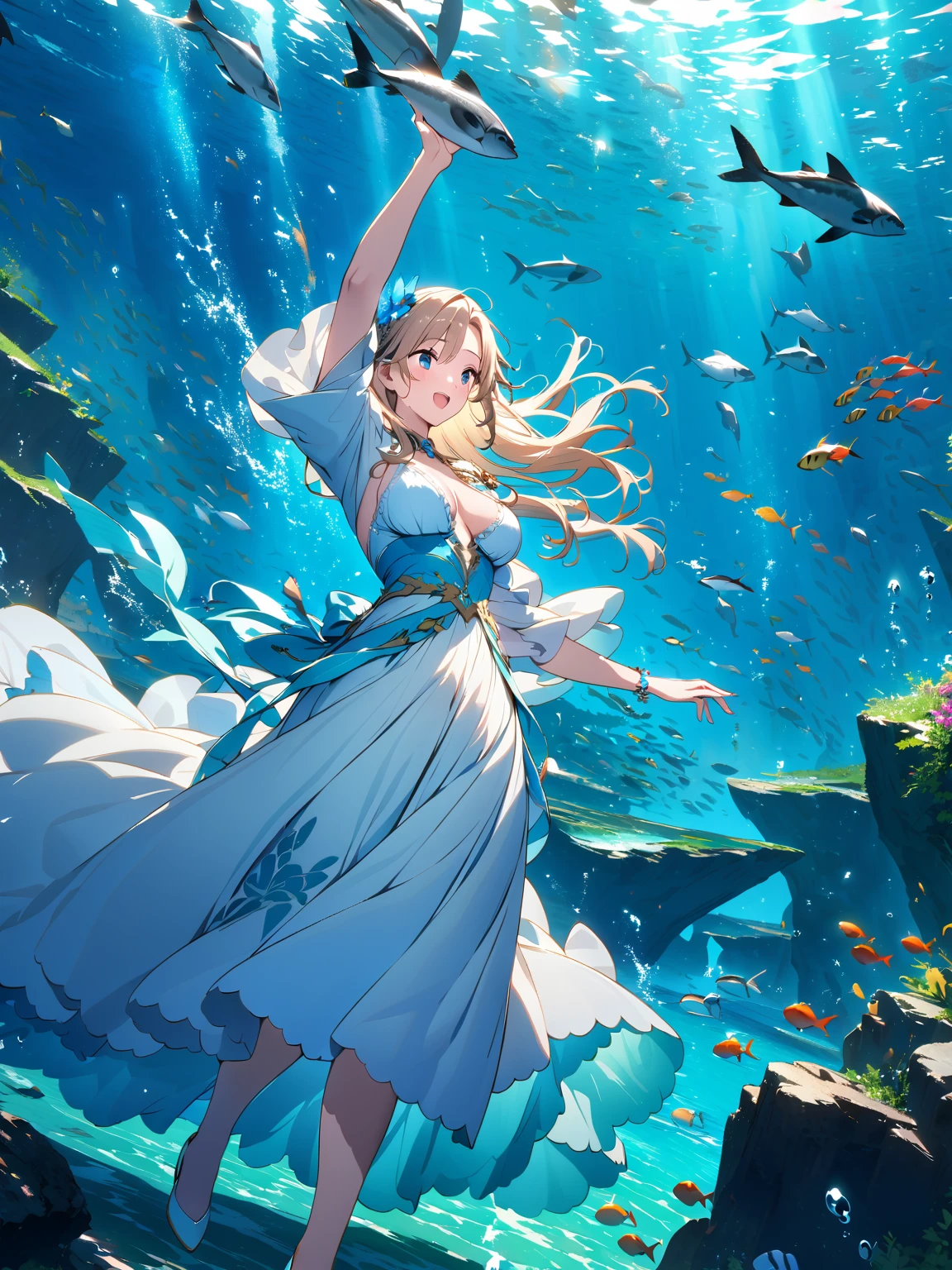  (超detailedなイラスト:1.2),Very delicate and beautiful，非常にdetailed，CG，Unity，8k wallpaper，wonderful，detailed，masterpiece，The best quality in the best condition，Official Art，非常にdetailed CG 8k Unbelievably ridiculous resolution,Beautiful and exquisite,High resolution，非常にdetailedな目と顔,Surrounded by fish,seabed,dance,Dressed in a white dress, Blue Water,  Goddess of the Sea