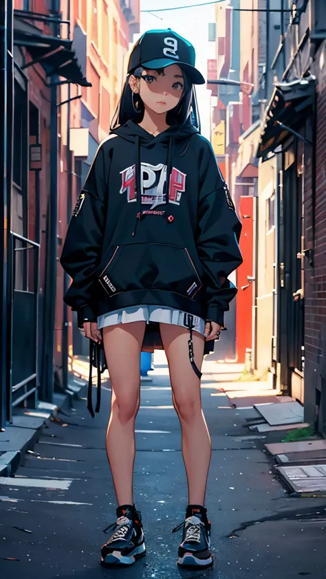 A girl in the back alley、(Super detailed)、(8K)、((Hip Hop Fashion))、Downtown New York、(Esbian all over)、(Super detailedな顔)、(Detai...