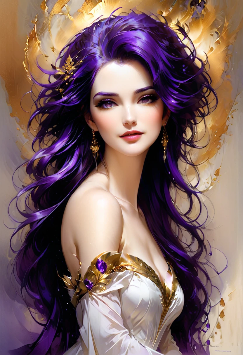 retrato de una hermosa mujer con cabello largo de color morado oscuro, vistiendo un vestido blanco fluido de hombros descubiertos con detalles dorados, color de piel pálido, linda sonrisa, pose expresiva, ((obra maestra)) arte digital al estilo de Artgerm, ganador del concurso de pixiv, hiper detallado, iluminación dramática, (detalles intrincados, obra maestra, mejor calidad:1.4)