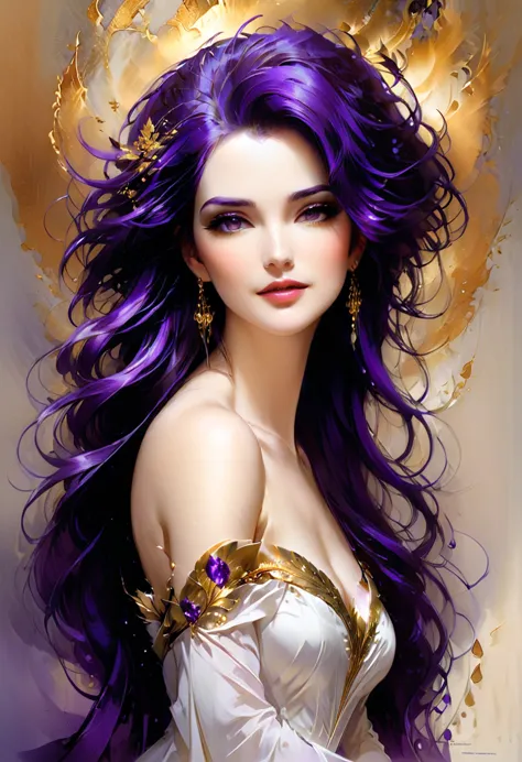 portrait of a beautiful woman with long dark purple hair, wearing a flowing off-shoulder white dress with gold accents, pale ski...