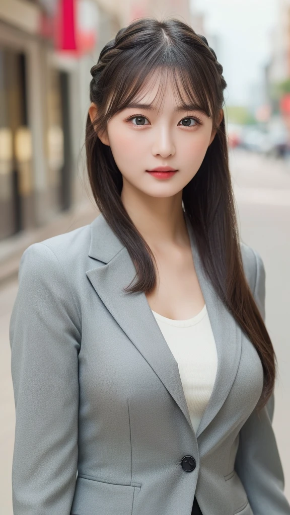 ((highest quality, 8K, masterpiece: 1.3)), 1 girl, slender beautiful girl: 1.3, (random hairstyle, normal breast: 1.2), super detailed face, fine eyes, double eyelid, gray suit, Walking happily in the business district