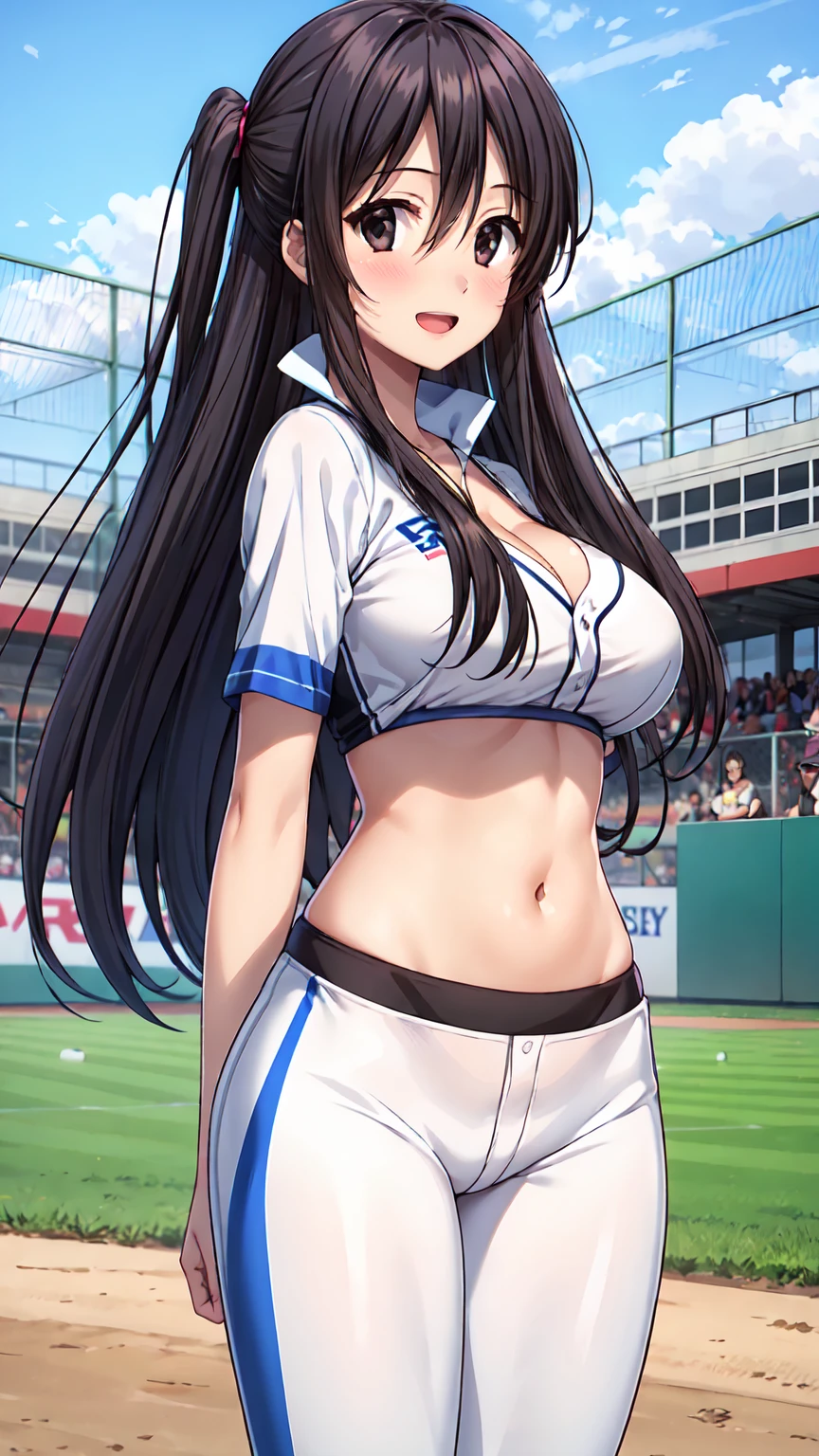 Masterpiece ,best quality , high resolution , (1 girl solo:1.38) , (Kotonoha Katsura , long hair , black hair, black eyes , tall, slim body) , (cleavage:1.2) , (medium breast:1.28) , (wear baseball hat , belly , navel , sport top , sport short , stockings ) , (arms behind back . hands behind back) , (cleavage:1.15) , (big breast:1.1) , (back view , from behind , looking back , head back , face view , look at view ) , (outdoor , Baseball field，race，streamers，victory，celebrate) , (standing , Legs , thighs , cowboy shot) , ( full face blush , shy , smile , open mouth)