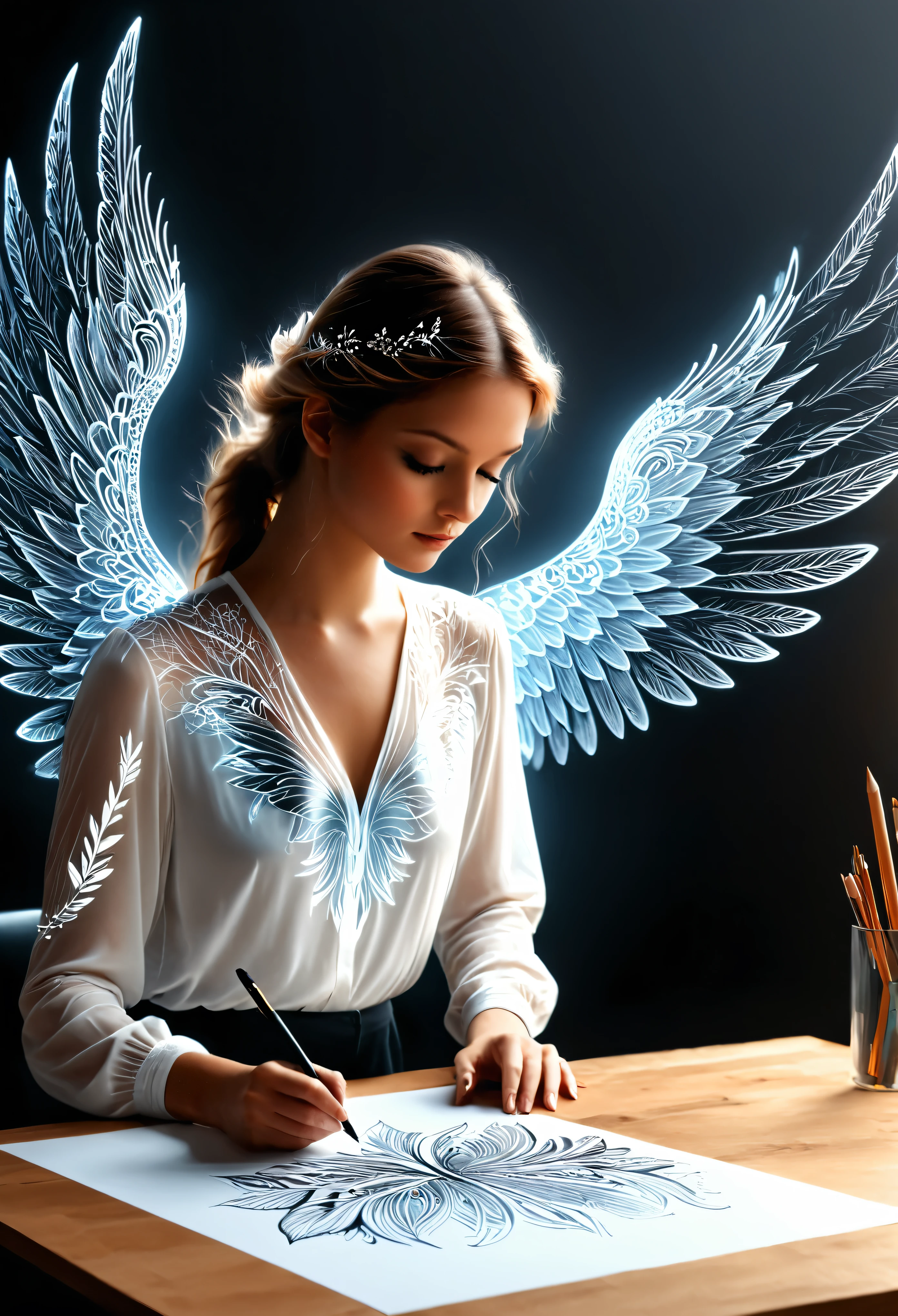 一張圖紙放在桌上 , 繪製令人驚嘆和令人驚嘆的超高清水墨風格 4D 天使女人, 一個快樂的天使從圖紙中張開翅膀的圖畫, 高度細緻的分形蕾絲翅膀, 從圖紙中出來的全息效果, 極為詳細的繪圖, 超現實的, 精湛的細節. 真正出色的工作, 快樂而感性的工作, (彷彿從圖面走出來的絕美俯臥撐效果胸部), (它是從圖紙中出來的, 翅膀從圖紙中出來)