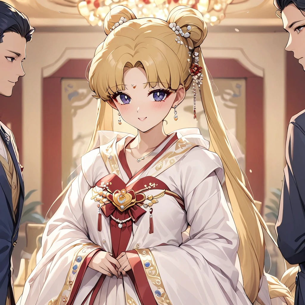 ((Highest quality)), ((masterpiece)), (detailed), （Perfect Face）、The woman is Tsukino Usagi, with long blonde hair in a chignon twin tail.、A woman is wearing a gorgeous and dazzling red ancient Hanfu wedding costume and luxurious jeweled accessories in an ancient Chinese palace and is getting married to a dignified man, the First Emperor, in a luxurious palace.、The man is the First Emperor of ancient China, wearing a wedding dress and getting married to the woman.