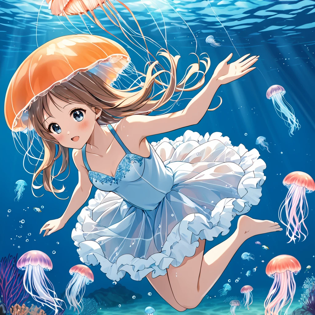 فتاة تغوص وتلعب تحت الماء مع قناديل البحر、فستان رقيق
