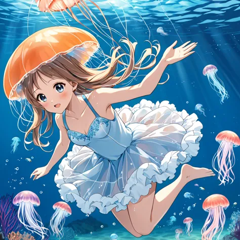 A girl diving and playing underwater with jellyfish、Fluffy dress