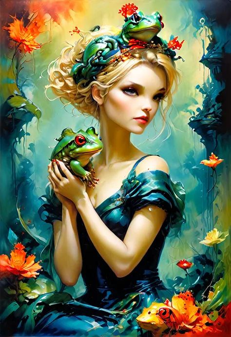 A hyperrealistic oil painting of a pretty princess with short blond hair and a little crown hugging the head of her giant frog p...