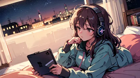 8k, haigh quality, high resolution, realistic, a girl hearing music with headphone in bed window side at night, many star in the...