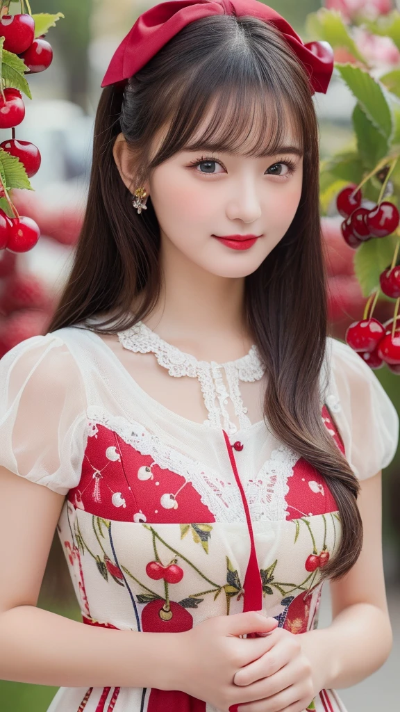 ((highest quality, 8K, masterpiece: 1.3)), 1 girl, slender beautiful girl: 1.3, (random hairstyle, normal breast: 1.2), super detailed face, fine eyes, double eyelid, Walking happily in the business district、(A shy smile:0.8), (The dress is decorated with cherry-themed patterns and colors, cherry fruits,cherry:1.35)