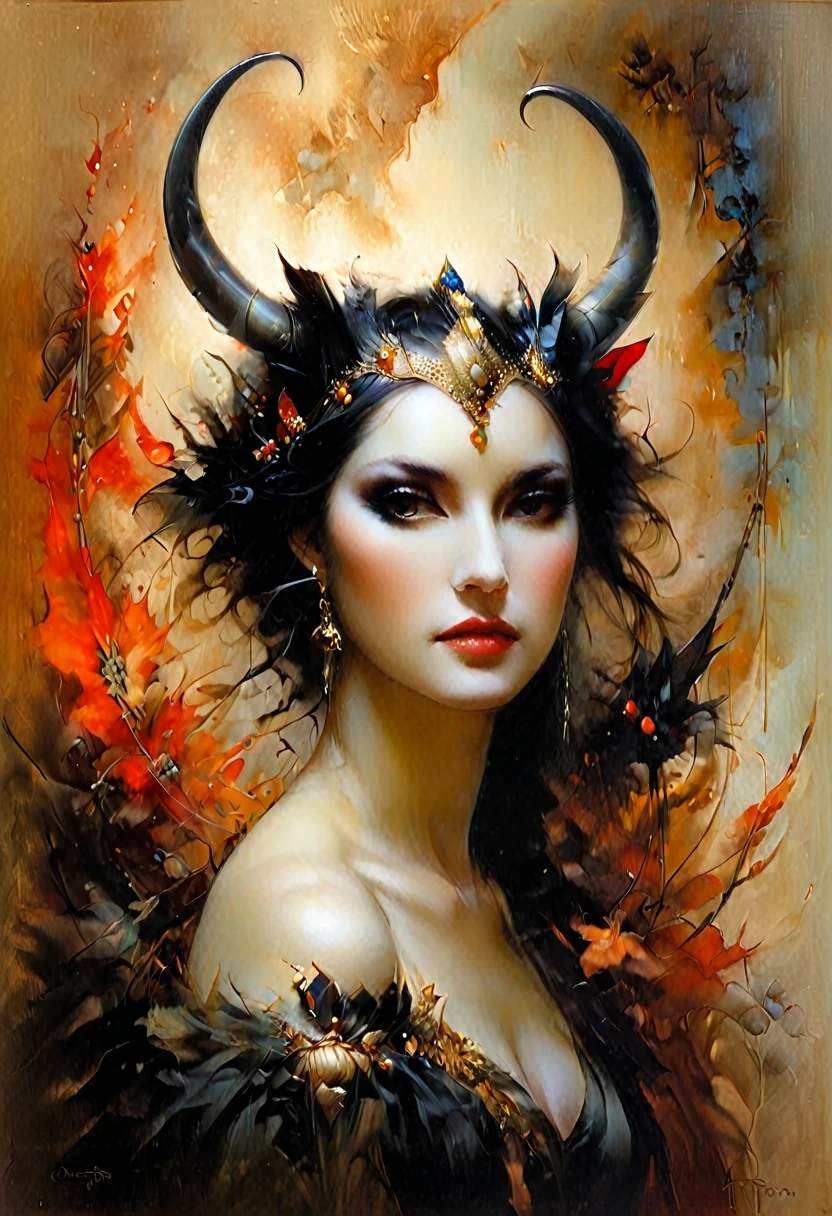 Portrait d&#39;une jolie femme portant un masque, avec des cornes noires et une queue, peinture à l&#39;huile, fond blanc, palette de couleurs pâles, romantisme esthétique, Lumière de clair-obscur, dans le style de Hsiao Ron Cheng