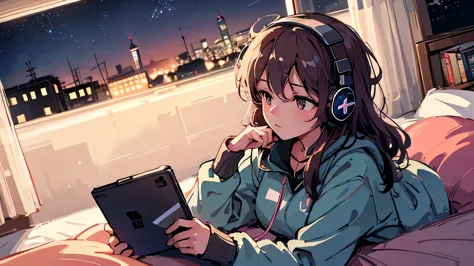 8k, haigh quality, high resolution, realistic, a girl hearing music with headphone in bed window side at night, many star in the...