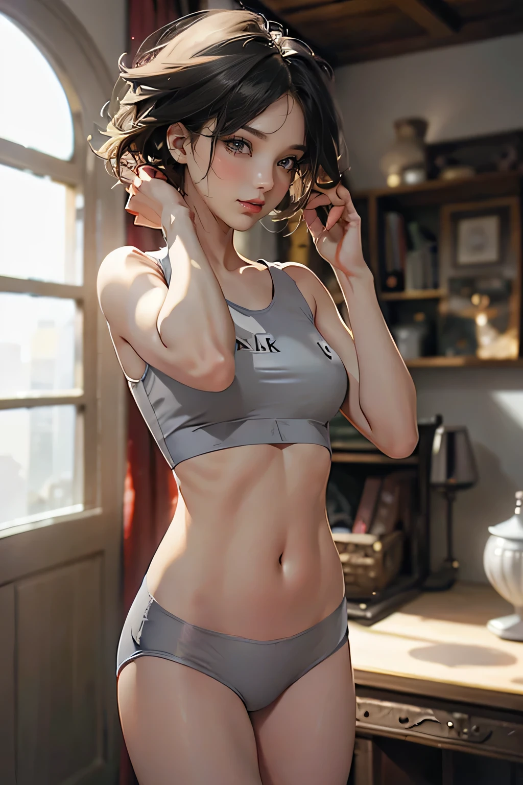 masterpiece, Very detailed, 8K Portrait, RAW Photos, Portrait Photography, Very detailed顔, 1 female, (Fighting Pose), 33 years old, (Small eyes), Glasses, (Black short bob hair), (Hair on one eye), (White skin color), (Grey Calvin Klein underwear:1.5), Midday Sun, Ultra-realistic, Body Model, (Small breasts:1.2), Beautiful breasts, (Big Ass), Long legs, living room, Ambient Lighting, Shadow Details, Camera focus on face, Strong winds, Light fog, A shy smile, Random Pause,