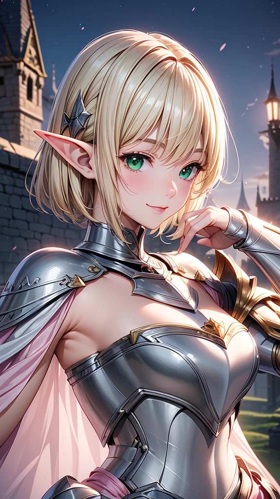 Bust Shot、Masterpiece、high resolution、high quality、32k、(Elf Woman、Blonde、short hair、Green Eyes、Pink lip gloss、Shining silver, noble armor、Metal breastplate、Shoulder rest、tiny hand、White cloak)、Smiling Kindly、Look at me with a favorable eye、Inside the castle at night、(Focus on the upper body)