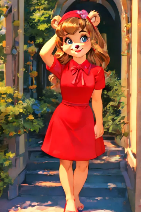 fashionable 60s young lady bear, red_dress, girlfriend, wife, cute pose