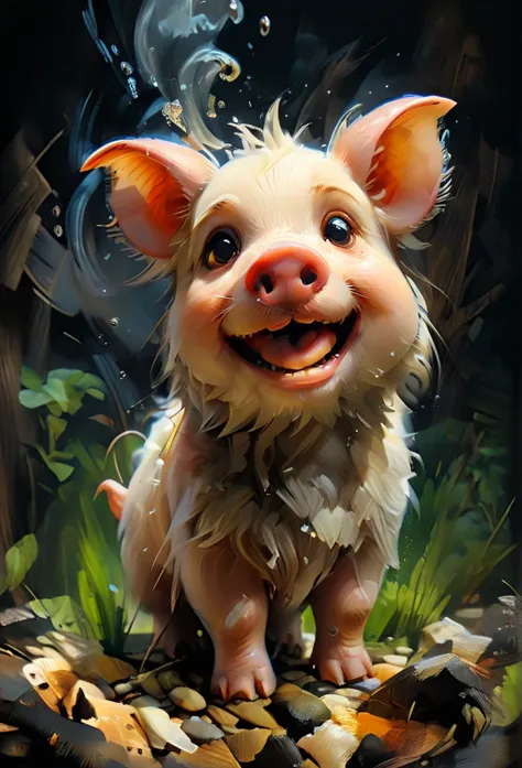 Masterpiece Illustration, high quality, high resolution 16k, a painting of a dady pig with a smile on it's face,(fisheye camera ...