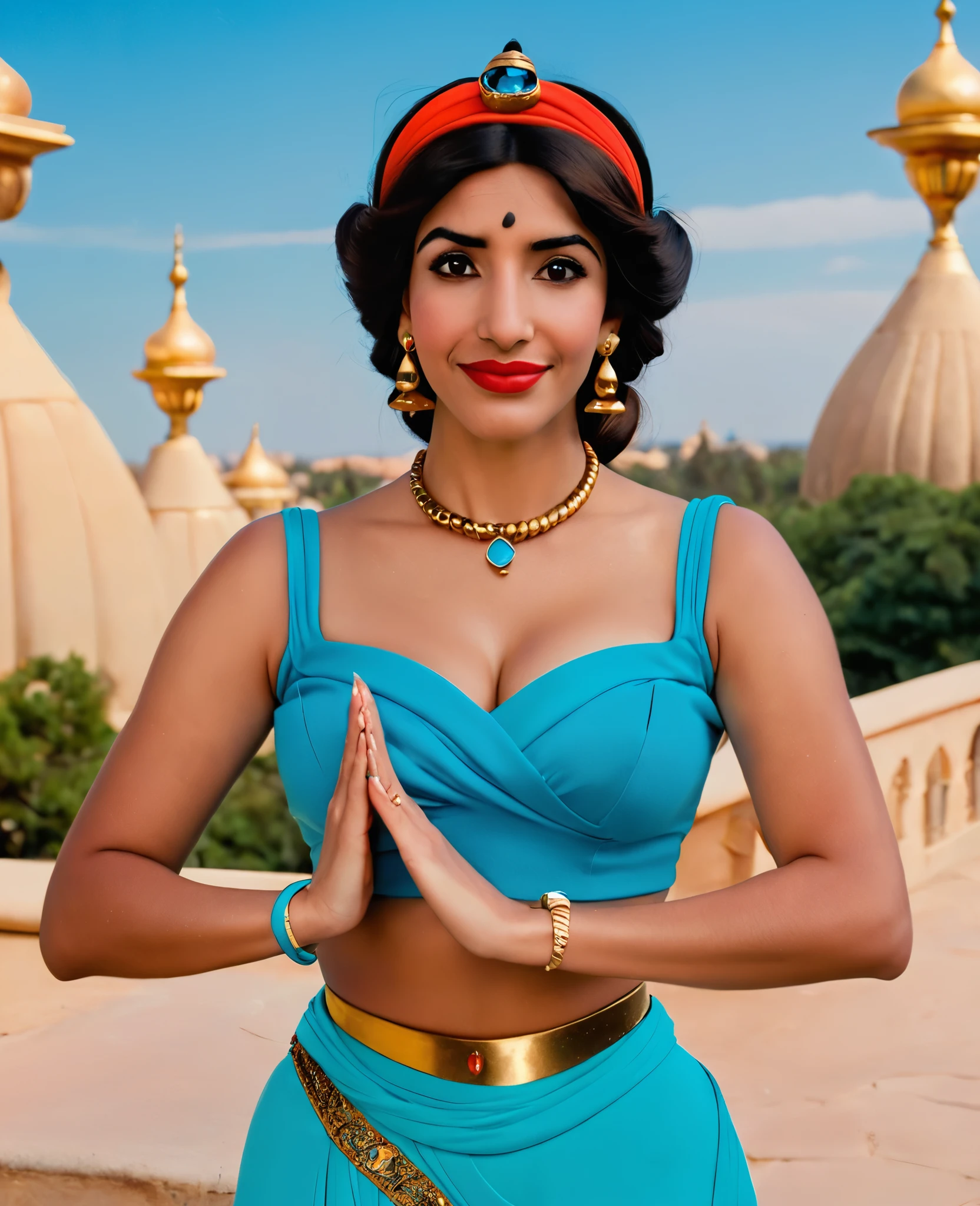 ja_n, 1girl, arabian woman, brown skin, black hair, red lips, brown eyes, ponytail hair, turquoise headband with sapphire, golden earrings, golden necklace, sky blue bedlah top, sky blue matching salwar pants, smiling, crossed arms, upper body, sad,
looking at viewer, score_9, score_8_up, score_7_up,