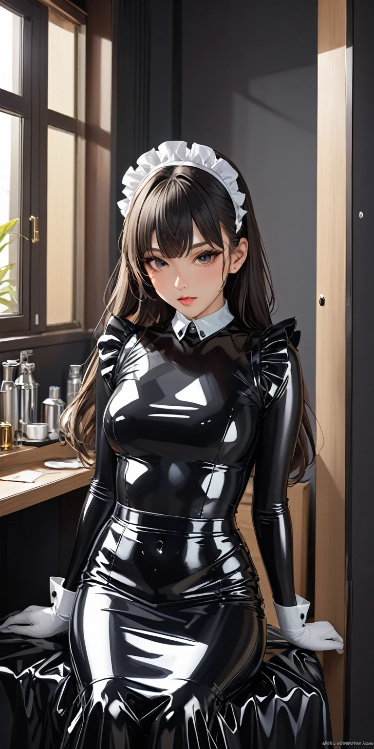 Portraiture、(masterpiece,Highest quality,Ultra-high resolution),Japanese women, (((Very beautiful 25 year old girl))),(Latex Maid Clothing)、((Latex Long Skirt))、(A long-sleeved latex shirt that covers the upper body)、Latex gloves、Latex socks、Latex bodysuit、Frills、The clothes fit snugly to the body、Latex is very shiny、Dark Room、