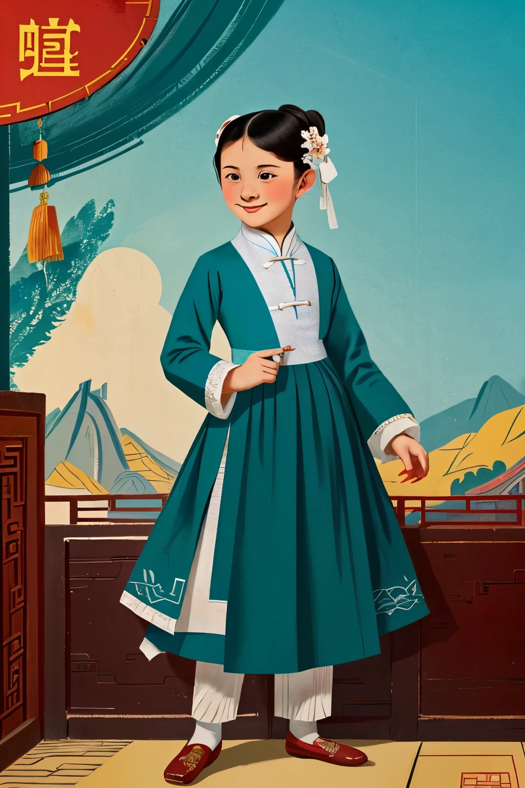 Puwei, China, 1836. A young ((((13-year-old)) SnowFlower)), girl, pale, beautiful, in a fair, ((smug smile)), ((((chinese clothings from the 1830s)))), ((hairstyle of the 1830s)), ((colorful))