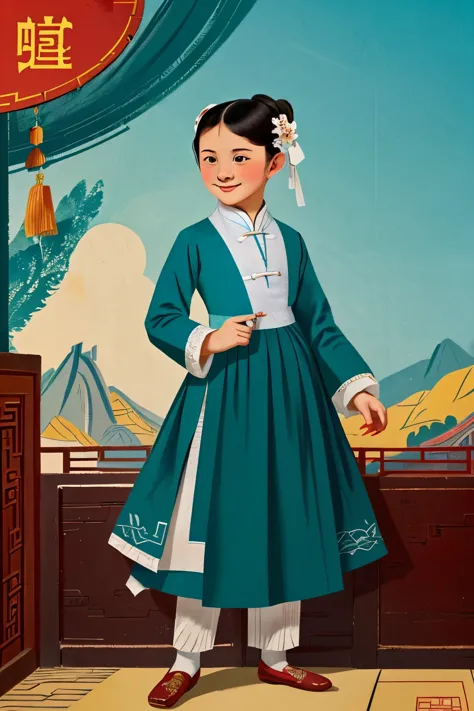 puwei, china, 1836. a young ((((13-year-old)) snowflower)), girl, pale, beautiful, in a fair, ((smug smile)), ((((chinese clothi...