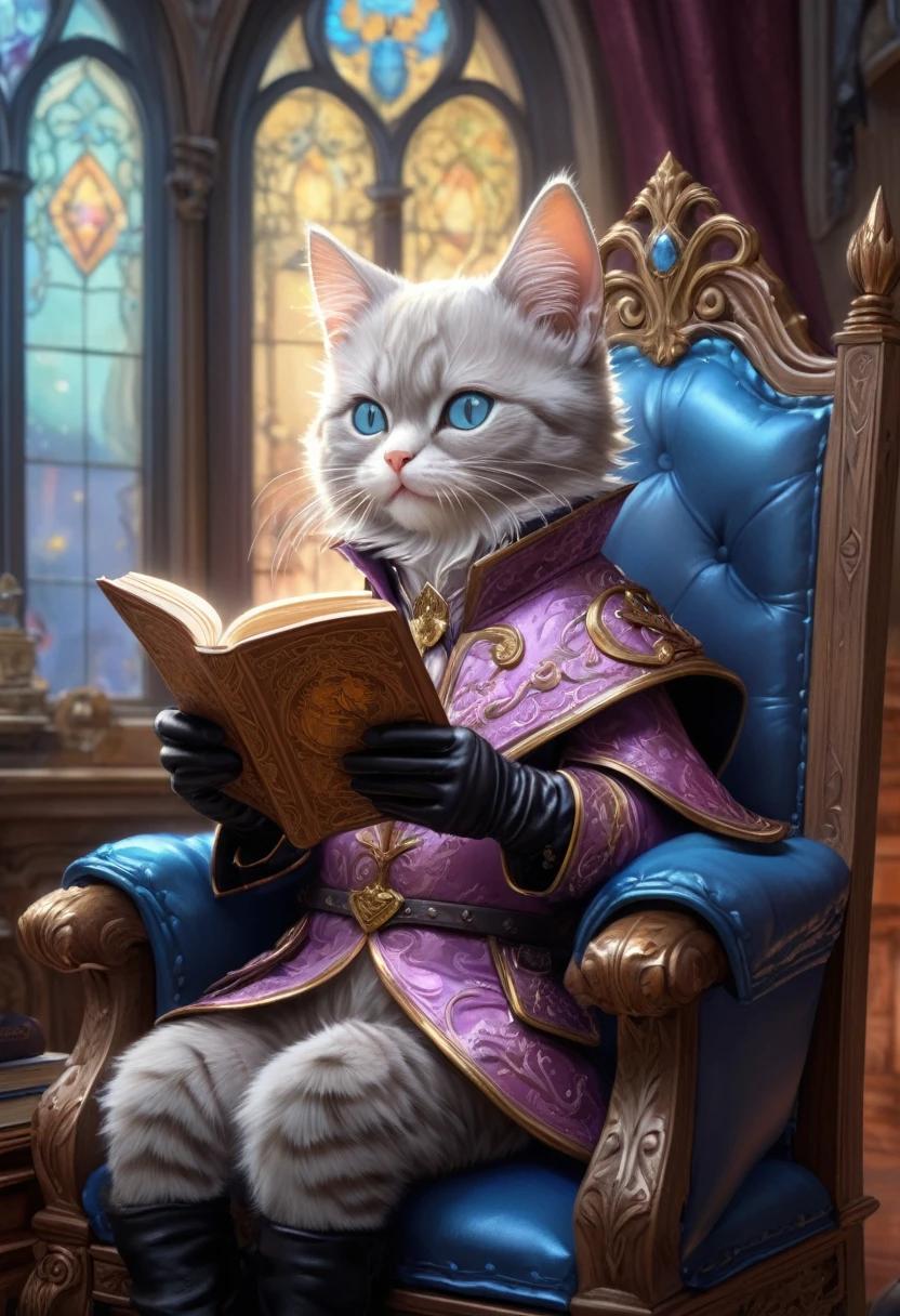 (Soft pastel drawing:1.3), close-up of (cute anthropomorphic kitten sorceress:1.2) sitting in wide chair and reading (grimoire), (big glasses:1.2), (leather gloves:1.2), tight elegant clothes, (sorceress' study room:1.2), ornate window behind, masterpiece in maximum 16K resolution, best quality, ultra detailed.