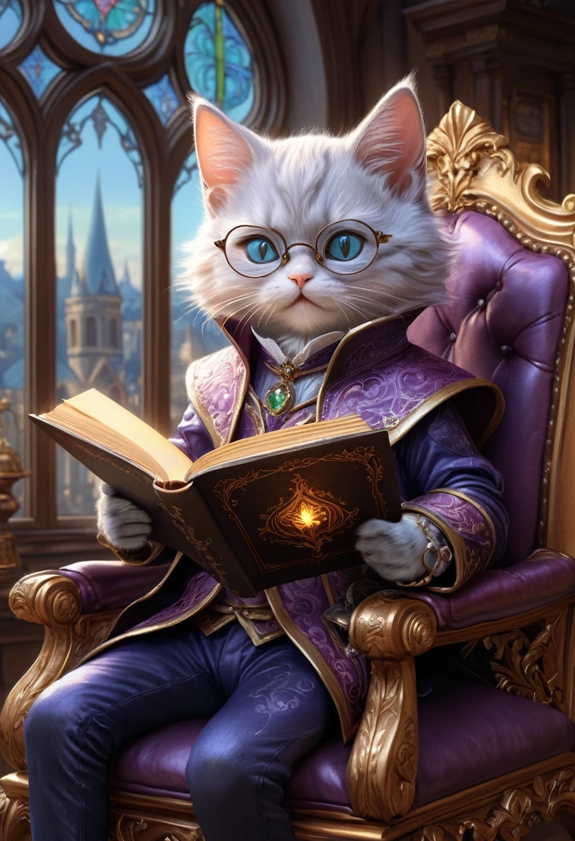 (Soft pastel drawing:1.3), close-up of (cute anthropomorphic kitten sorceress:1.2) sitting in wide chair and reading (grimoire), (big glasses:1.2), (leather gloves:1.2), tight elegant clothes, (sorceress' study room:1.2), ornate window behind, masterpiece in maximum 16K resolution, best quality, ultra detailed.