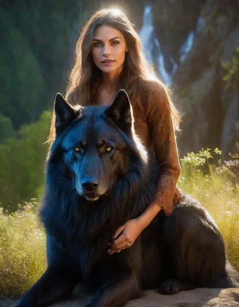 (Beautiful druid elf girl 1.3) hugging a big black wolf (extremely detailed CG unity 8k wallpaper, masterpiece, best quality, ul...