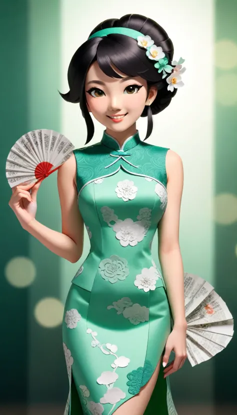 (Paper art,layered Paper art,Roll paper,Paper Cutting,Paper sculpture), 1 Cheongsam woman，fit，Perfect proportion，Exquisite hair ...
