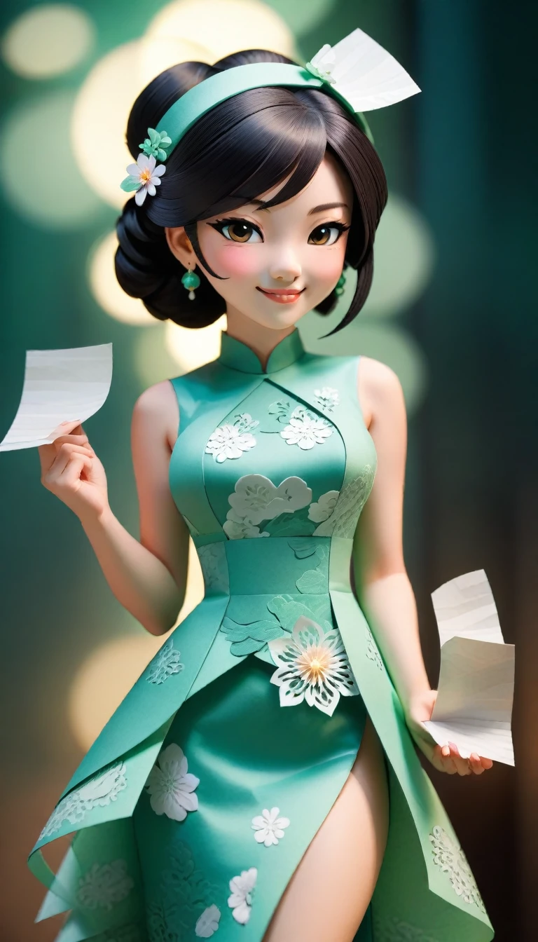 (Paper art,layered Paper art,Roll paper,Paper Cutting,Paper sculpture), 1 Cheongsam woman，fit，Perfect proportion，Exquisite hair accessories, whole body, Smile，Oriental elements，Simple background, Mint Green,  (Soft lighting, Bokeh)