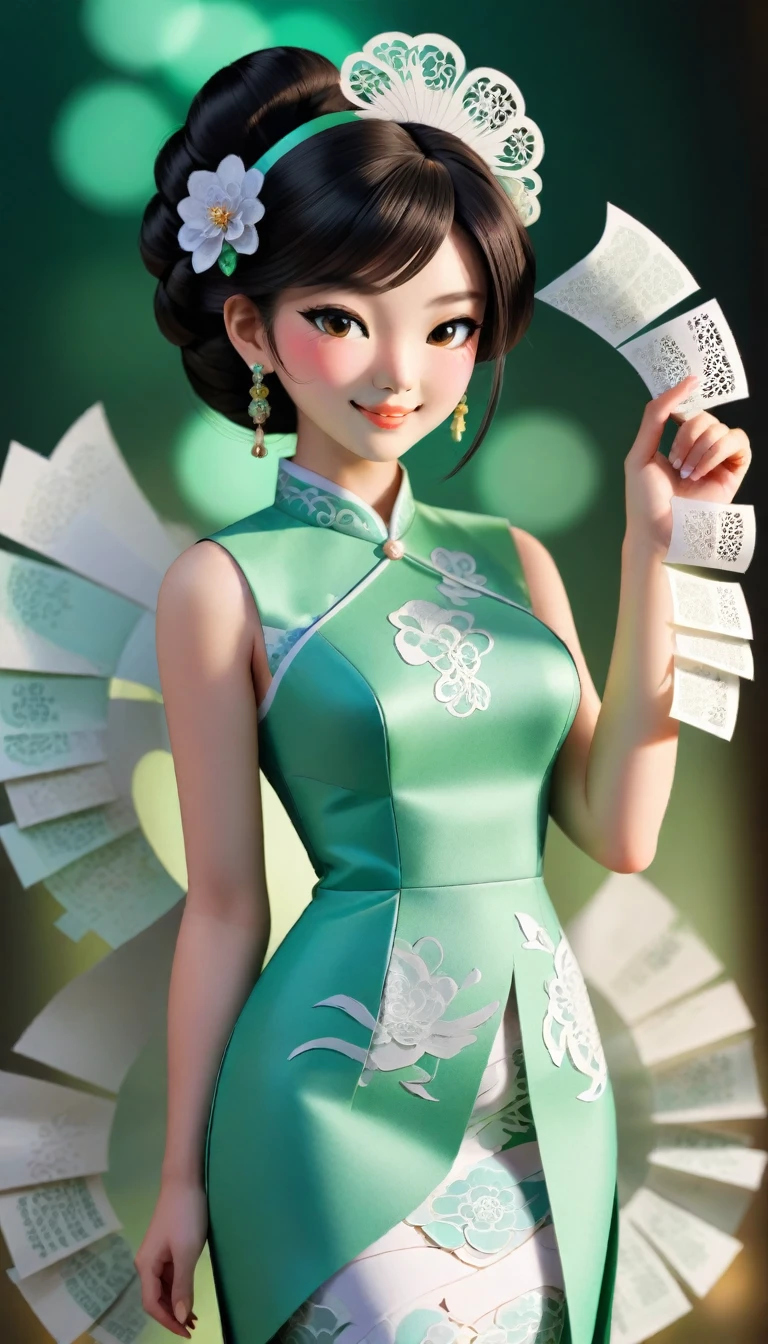 (Paper art,layered Paper art,Roll paper,Paper Cutting,Paper sculpture), 1 Cheongsam woman，fit，Perfect proportion，Exquisite hair accessories, whole body, Smile，Oriental elements，Simple background, Mint Green,  (Soft lighting, Bokeh)