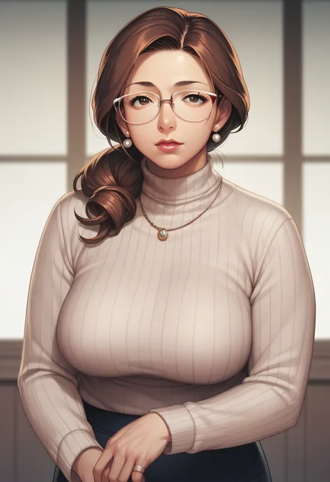 score_9, score_8_up, score_7_up,brown hair，glasses， a mature woman，anime style，perfect figure