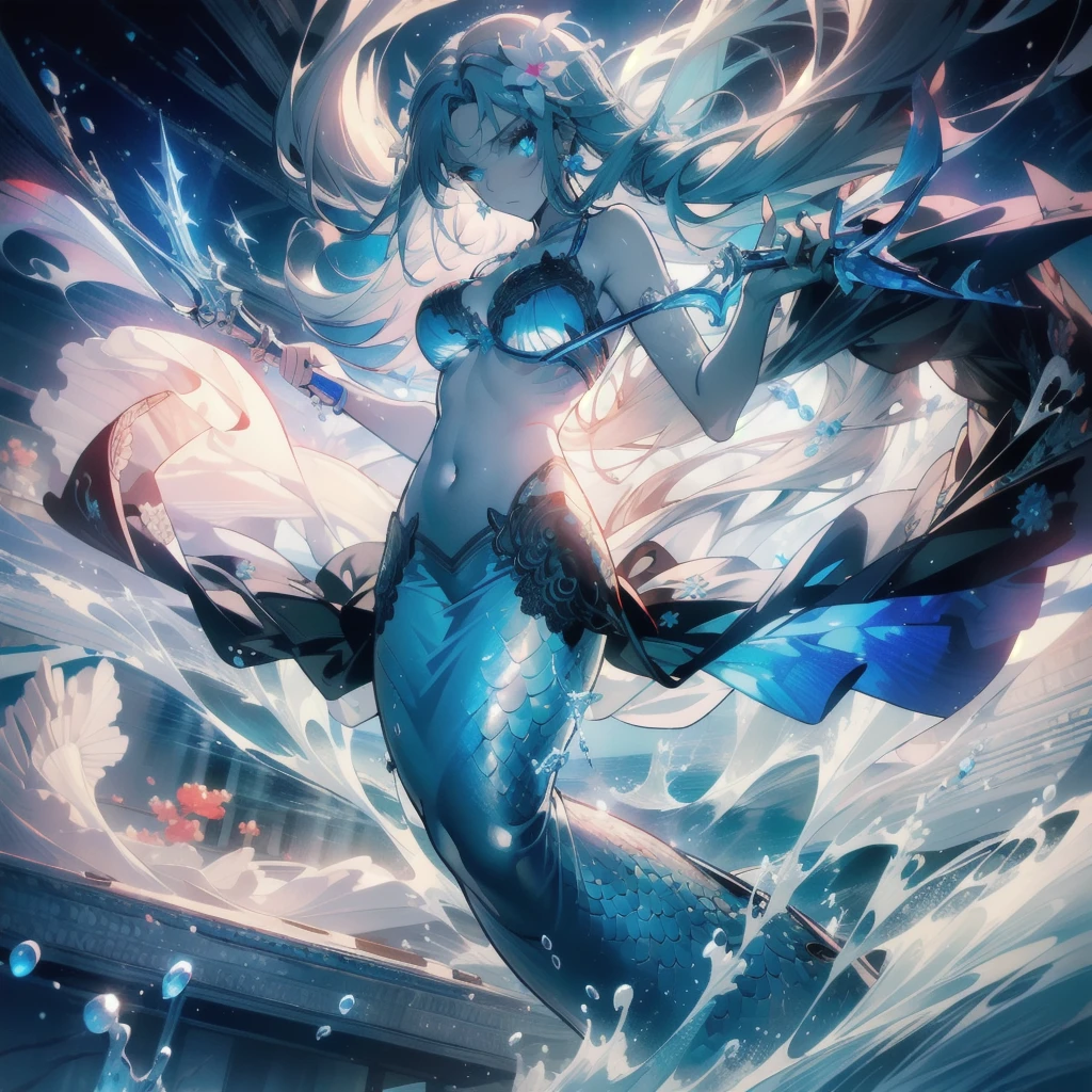 ((masterpiece, best quality)), Epic battlefield atmosphere，Delicate face，Mermaid Under the Sea，Holding a staff，whole body，Standing picture，glowing blue eyes，Large Breasts，Begonia flowers，Gradient white long wavy hair，Perfect body proportions，Pure white background，Water Ripples，Lace，Sex bikini