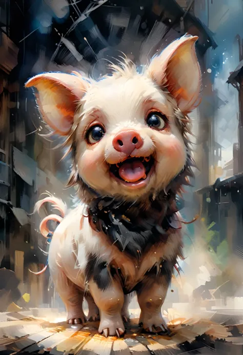 a painting of an masterpiece, highest quality illustration, high resolution 16k, ultra detailed, a baby pig with its mouth open,...