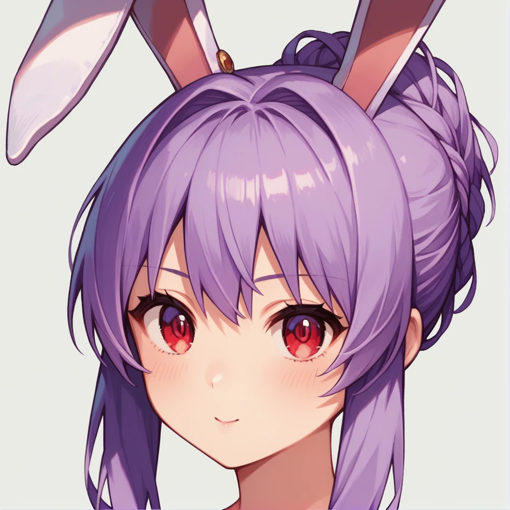 score_9, score_8_up, score_8, score_9, 1 girl,  source_anime,  reisen udongein inaba, purple hair, red eyes, rabbit ears, rabbit girl, portrait, updo hairstyle, violet kimono, no tie