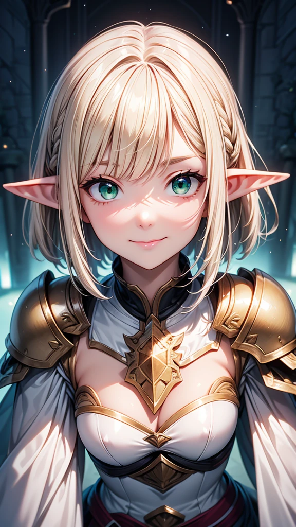 Bust Shot、Masterpiece、high resolution、high quality、32k、(Elf Woman、Blonde、short hair、Green Eyes、Pink lip gloss、Shining silver, noble armor、Metal breastplate、Hide your skin、Shoulder rest、tiny hand、White cloak)、Smiling Kindly、Look at me with a favorable eye、Look into my face、Inside the castle at night、(Focus on the upper body)