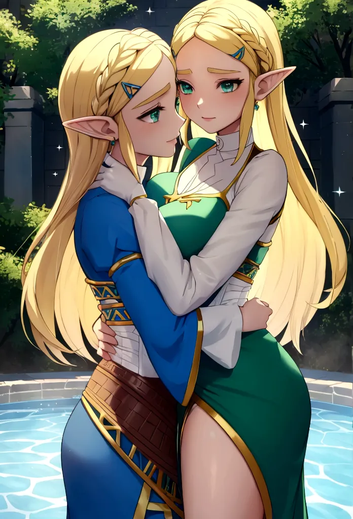 princess zelda, blonde very long hair, green eyes, wearing a sexy blue dress, side slit, ultrasharp, looking at the viewer, ((be...