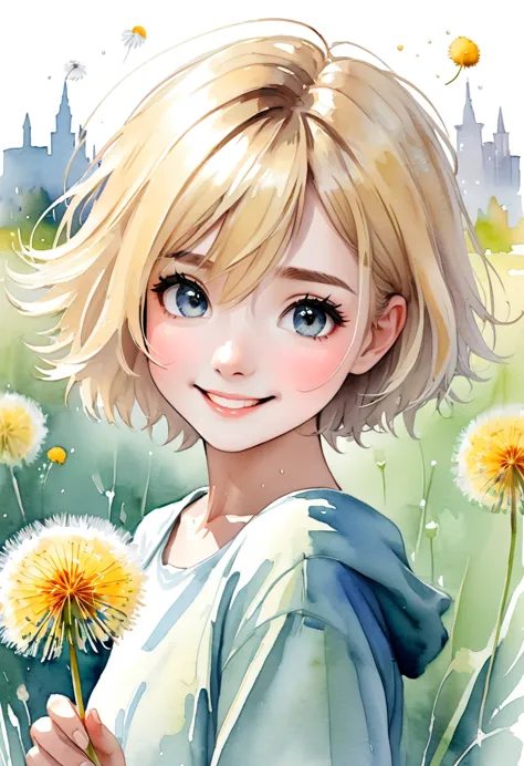 stunning mini-girl, short blonde hair disheveled, sticking out, smile, close-up face, huge eyes, looking at a dandelion, minimal...