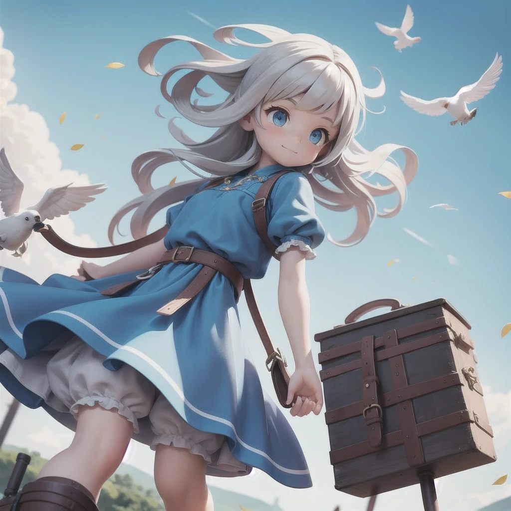 girl 、Medieval dress with panniers、Fabric Realism、Low - Angle、Wear bloomers、You can see the drawer、Pull up the hem of your dress with your hands、Strong winds、blue sky