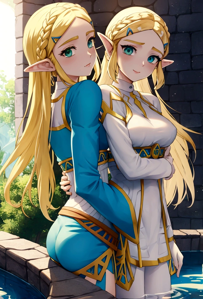 princess zelda, blonde very long hair, green eyes, wearing a sexy blue dress, side slit, ultrasharp, looking at the viewer, ((best quality)), ((masterpiece)), (detailed), perfect face, big breast, sexy body, sexy woman besides her, hugged, An anime scene of two girls hugging and kissing intensely, with hearts and sparkles floating around them as they stand in pool of water
