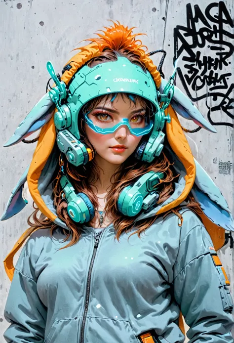 there is a woman wearing a blue jacket and a green and orange hat, cyberpunk anime girl in hoodie, cyberpunk streetwear, wearing...