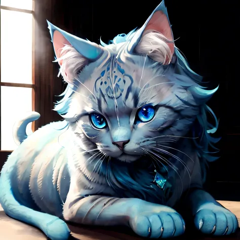 a fluffy blue cat with emerald blue eyes, realistically