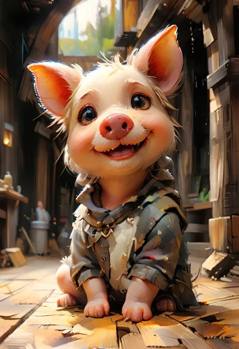 Masterpiece Illustration, high quality, high resolution 16k, a painting of a dady pig with a smile on it's face,(fisheye camera ...