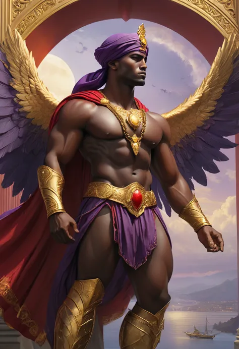imposing, impressive, divine, athletic man, dark skin, muscular arms, a large halo of light over his head, purple turban, veil o...