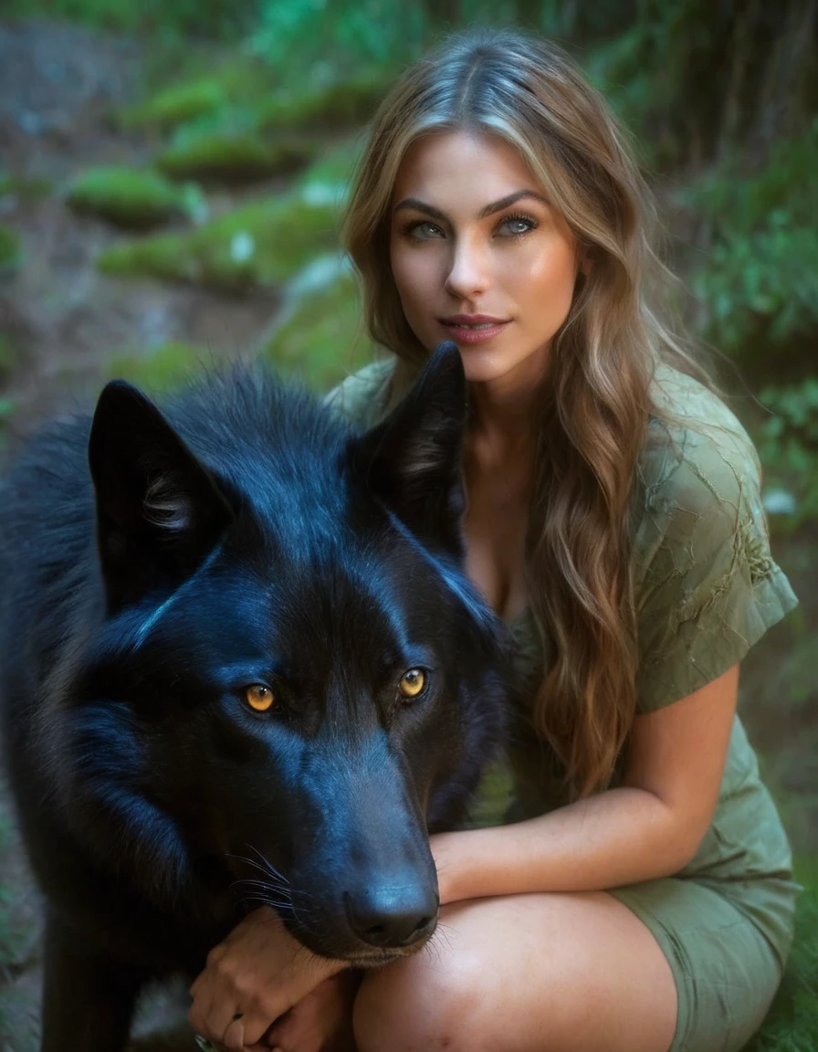 (Beautiful druid elf girl 1.3) hugging a black wolf (extremely detailed CG unity 8k wallpaper, masterpiece, best quality, ultra-detailed, beautiful detailed bright eyes:1.2), best illumination, (best shadow, an extremely delicate and beautiful, bloom, iridescent), masterpiece, best quality:1.1, realistic:1.3, cinematic lighting:1.2, on a sunray cliff:1.5, ultra photoreal, photorealistic:1.0, sharp focus:1.1, depth of field:1.1, 50mm, Hasselblad X1D II, Porta 160